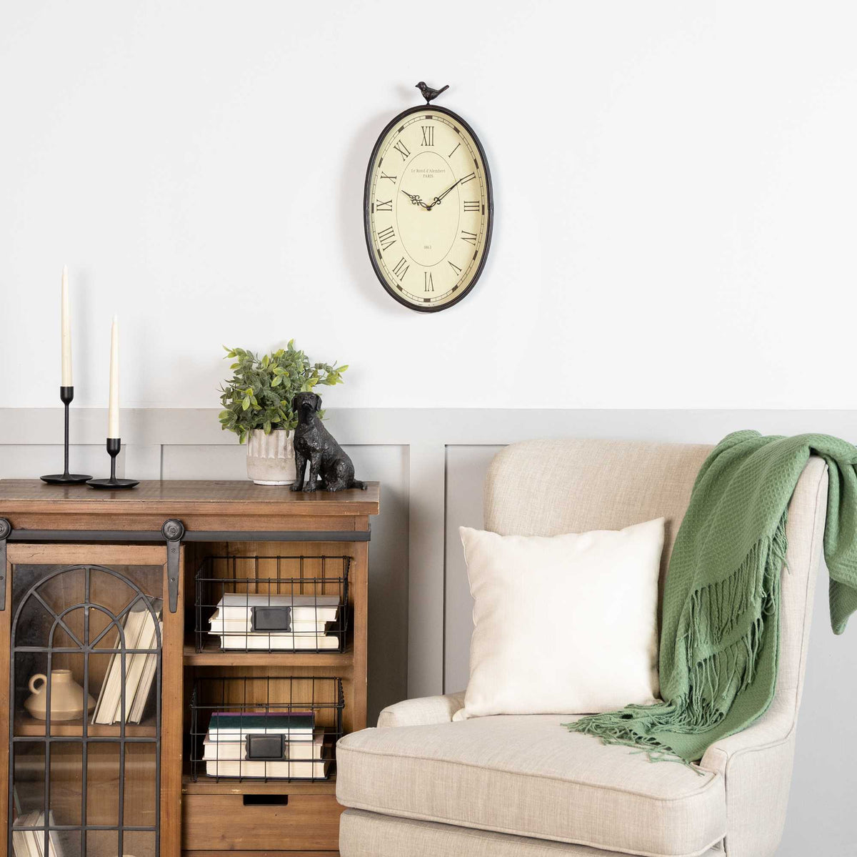 Antiqued Oval Distressed Gunmetal Bird Clock