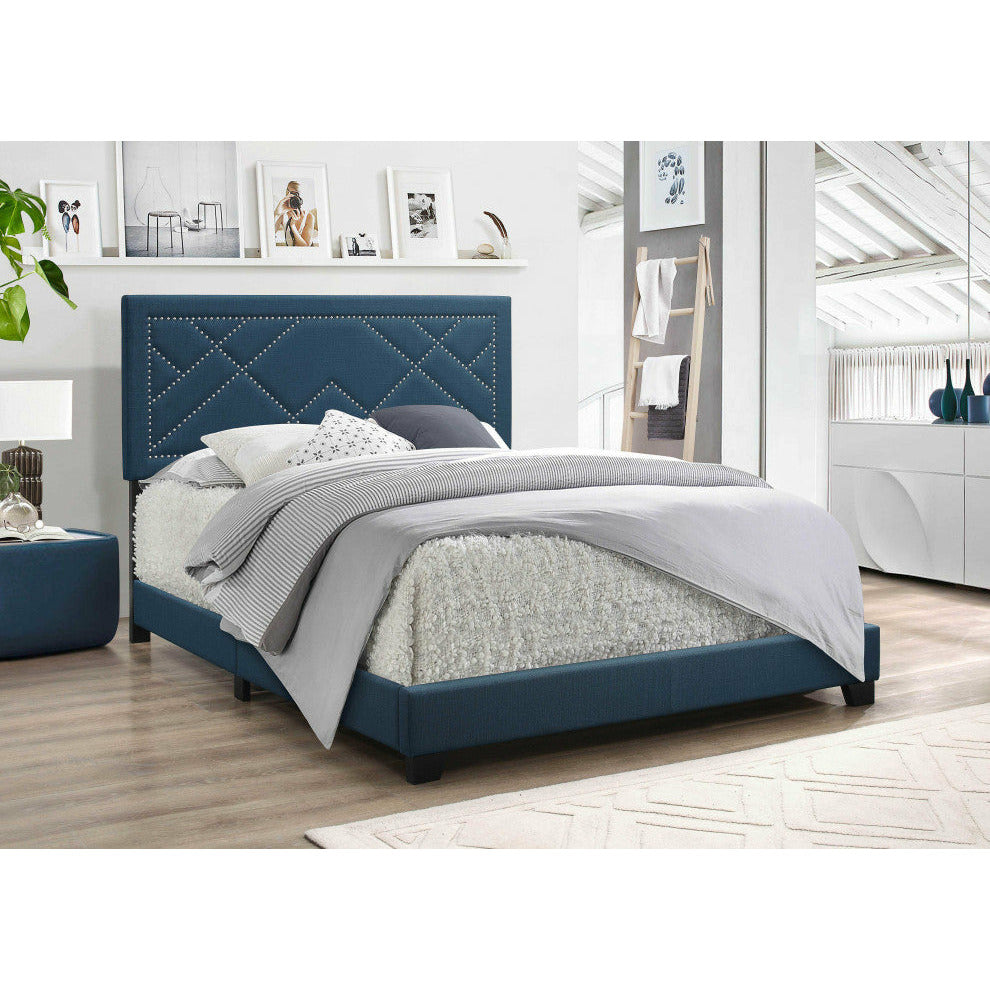 Dark Teal Fabric Upholstered Bed Wood Leg Eastern King Bed - Rae and Tae 