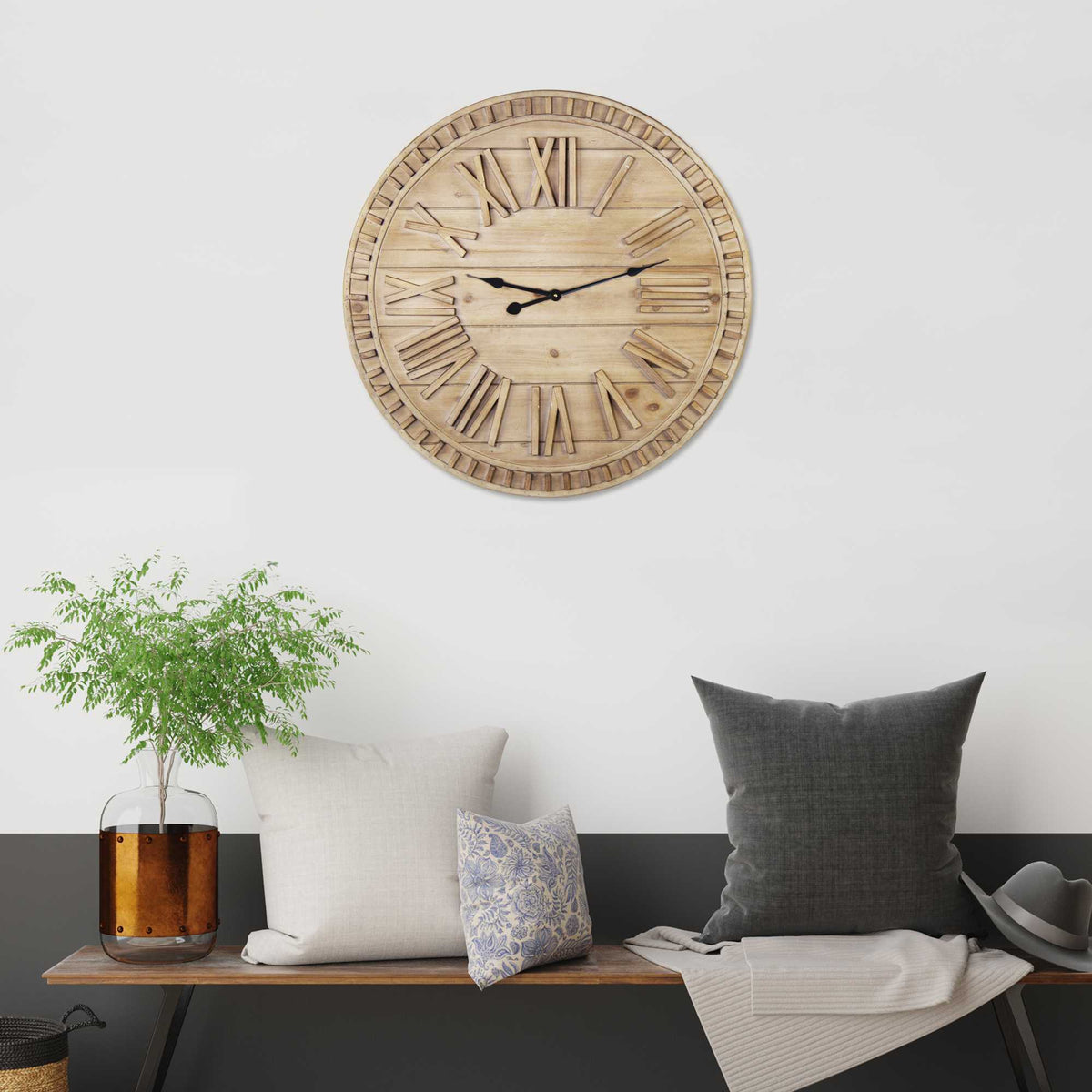 Round Wood Face Roman Numeral Wall Clock