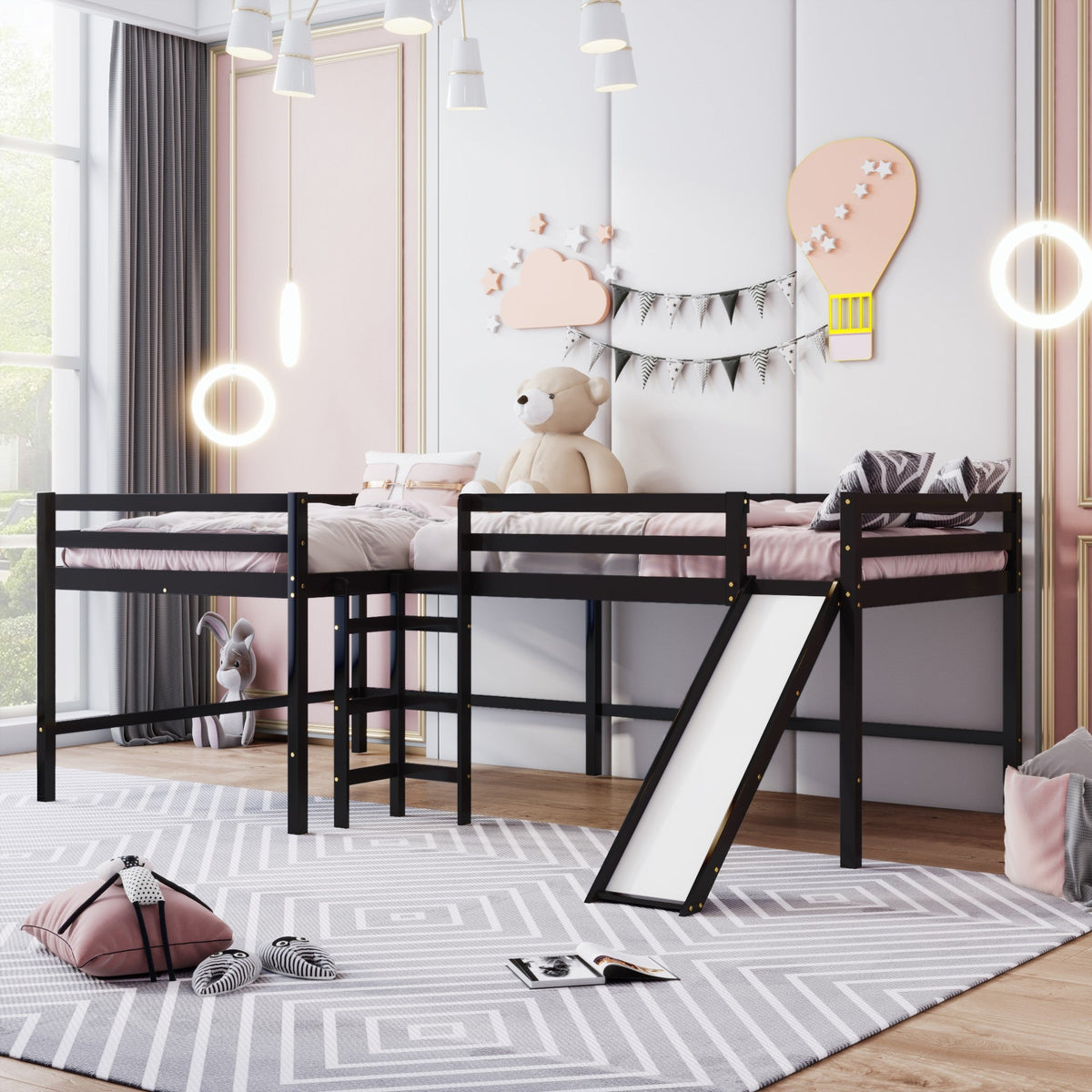 Espresso L Shaped Double Loft Bed With Slide And Ladders - Rae and Tae 