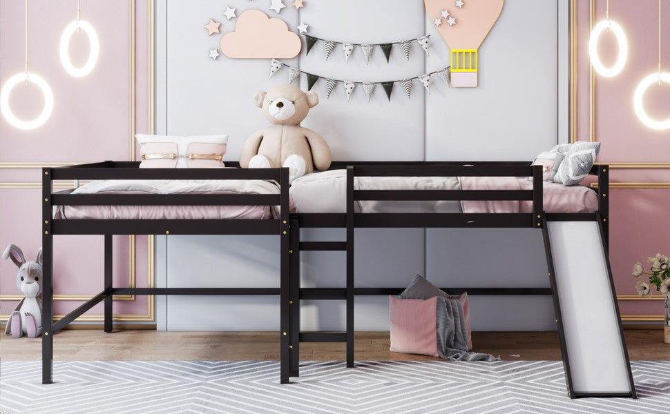 Espresso L Shaped Double Loft Bed With Slide And Ladders - Rae and Tae 