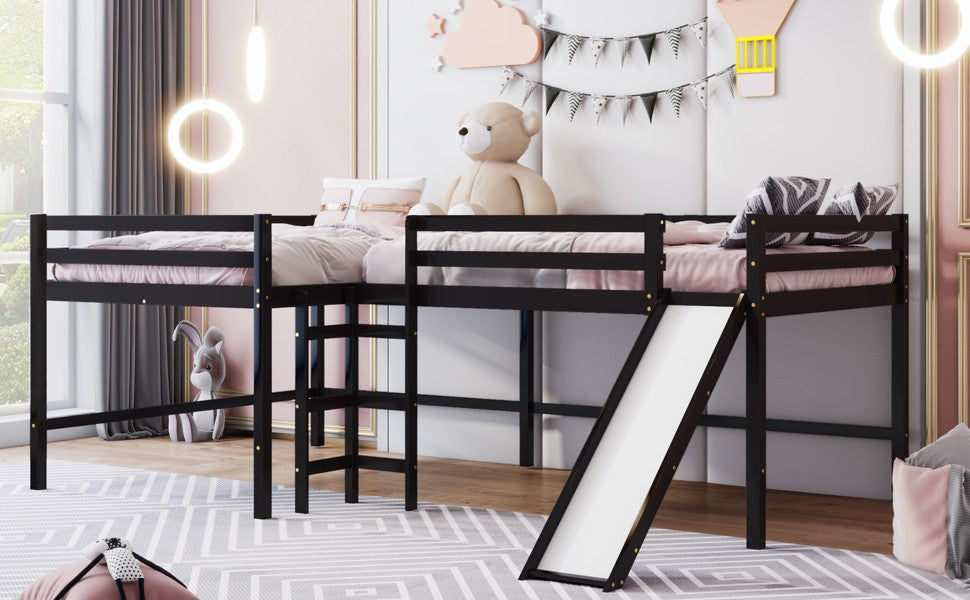 Espresso L Shaped Double Loft Bed With Slide And Ladders - Rae and Tae 