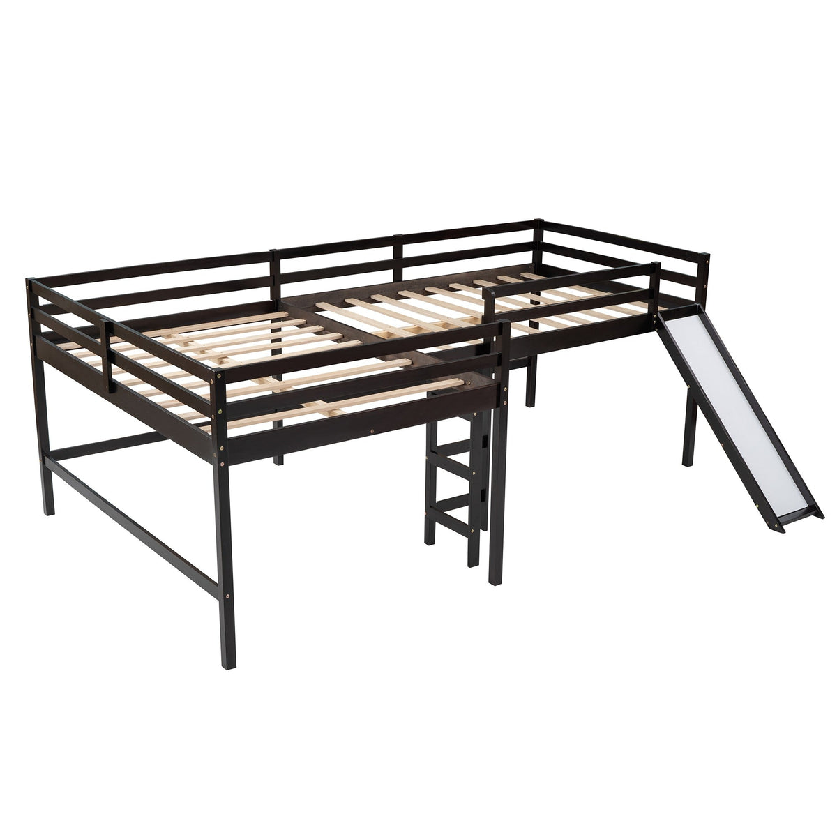 Espresso L Shaped Double Loft Bed With Slide And Ladders - Rae and Tae 