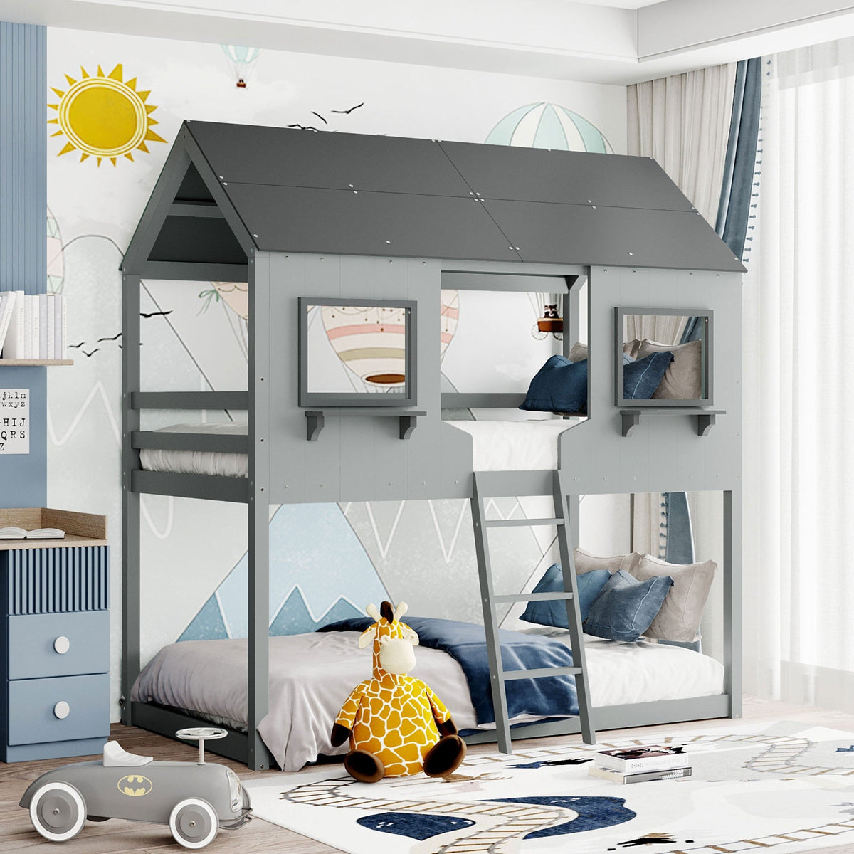 Gray Twin Over Twin Doll House Bunk Bed - Rae and Tae 