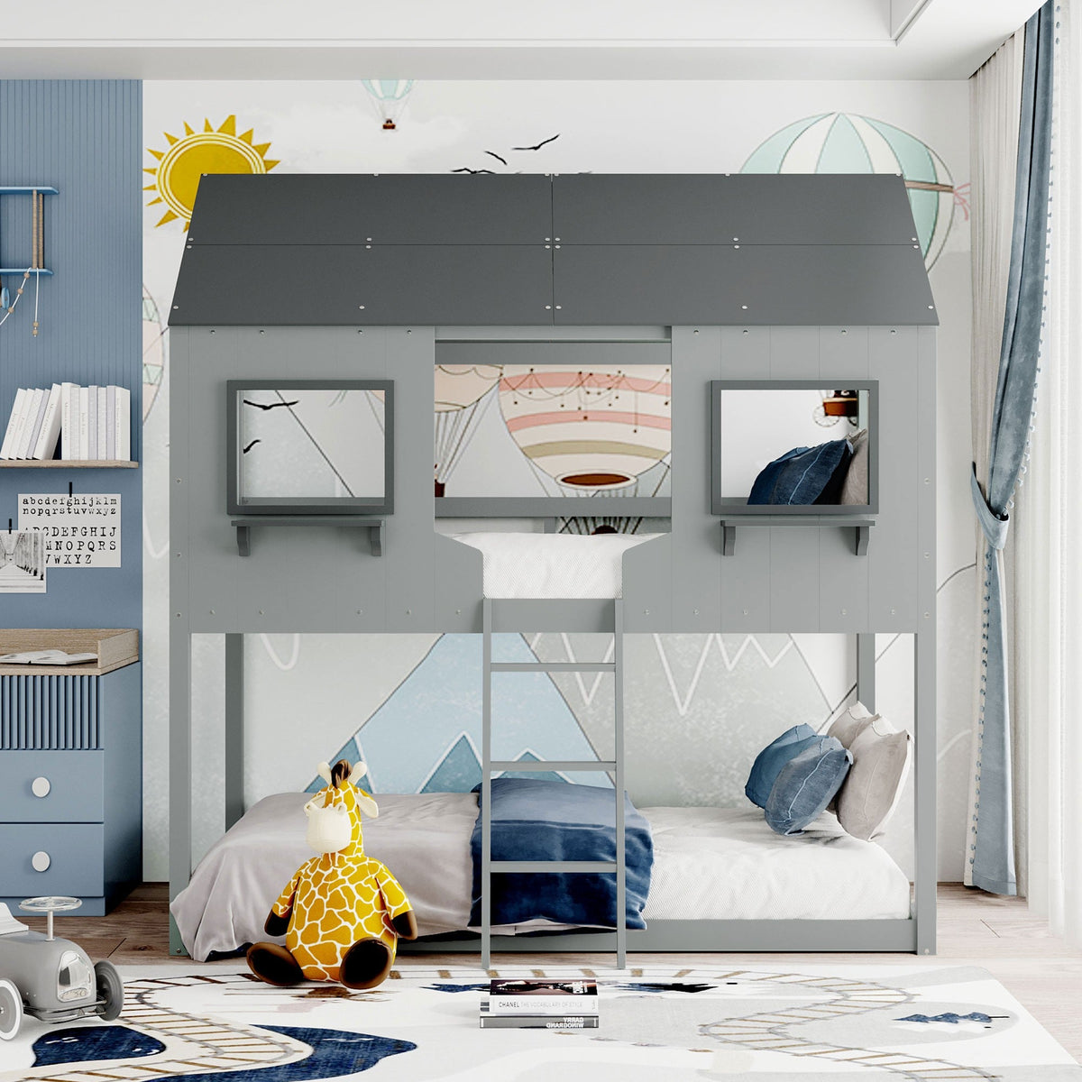 Gray Twin Over Twin Doll House Bunk Bed - Rae and Tae 