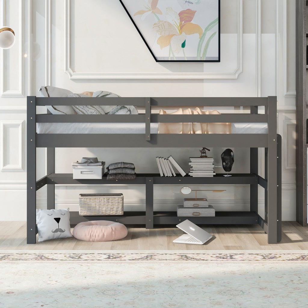 Minimalist Gray Twin Size Loft Bed With Built In Shelves - Rae and Tae 