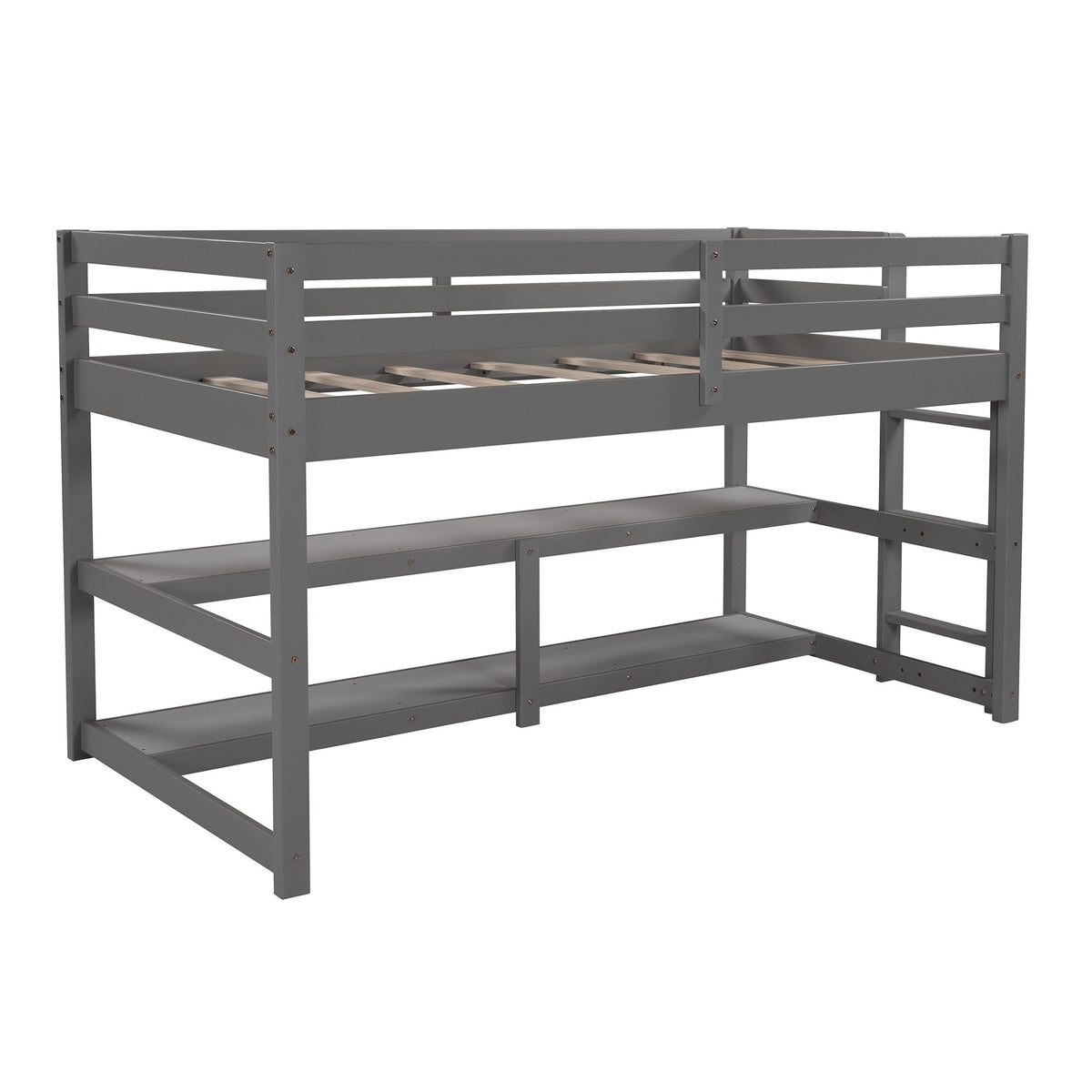 Minimalist Gray Twin Size Loft Bed With Built In Shelves - Rae and Tae 