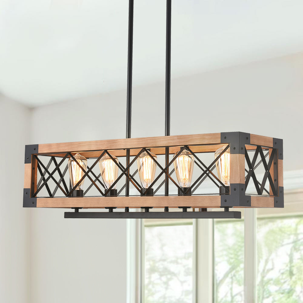 Wood Grain and Matte Black 5-light Chandelier