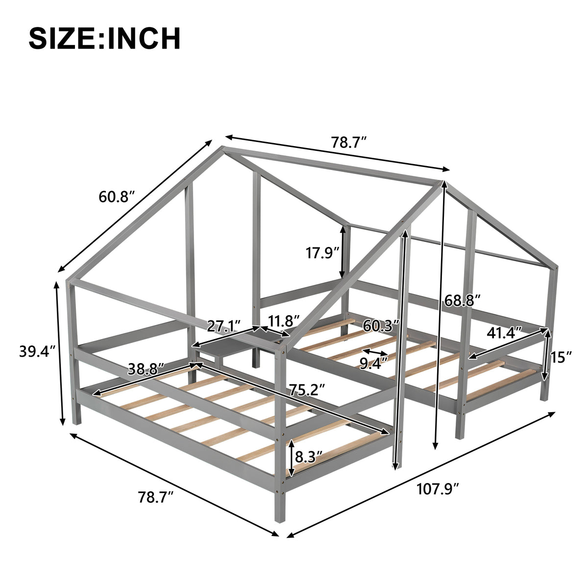 Double Twin Triangular House Beds with Built-in Table