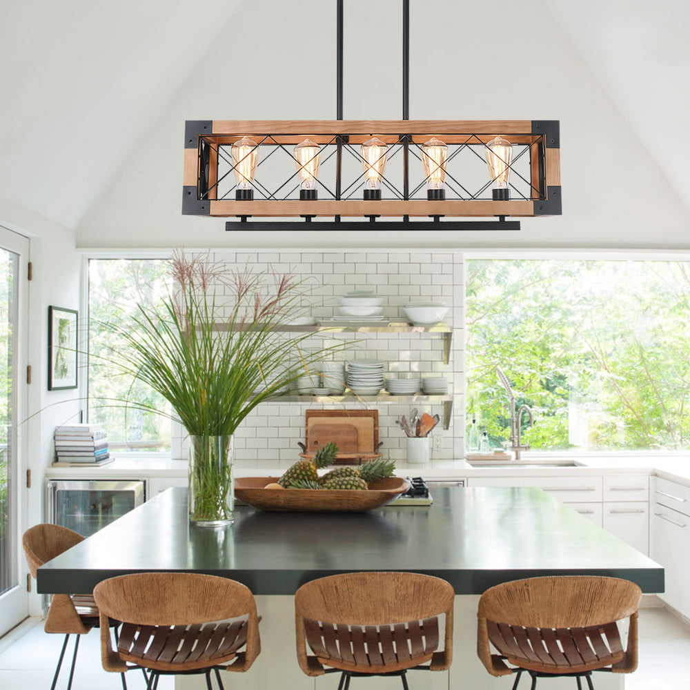 Wood Grain and Matte Black 5-light Chandelier